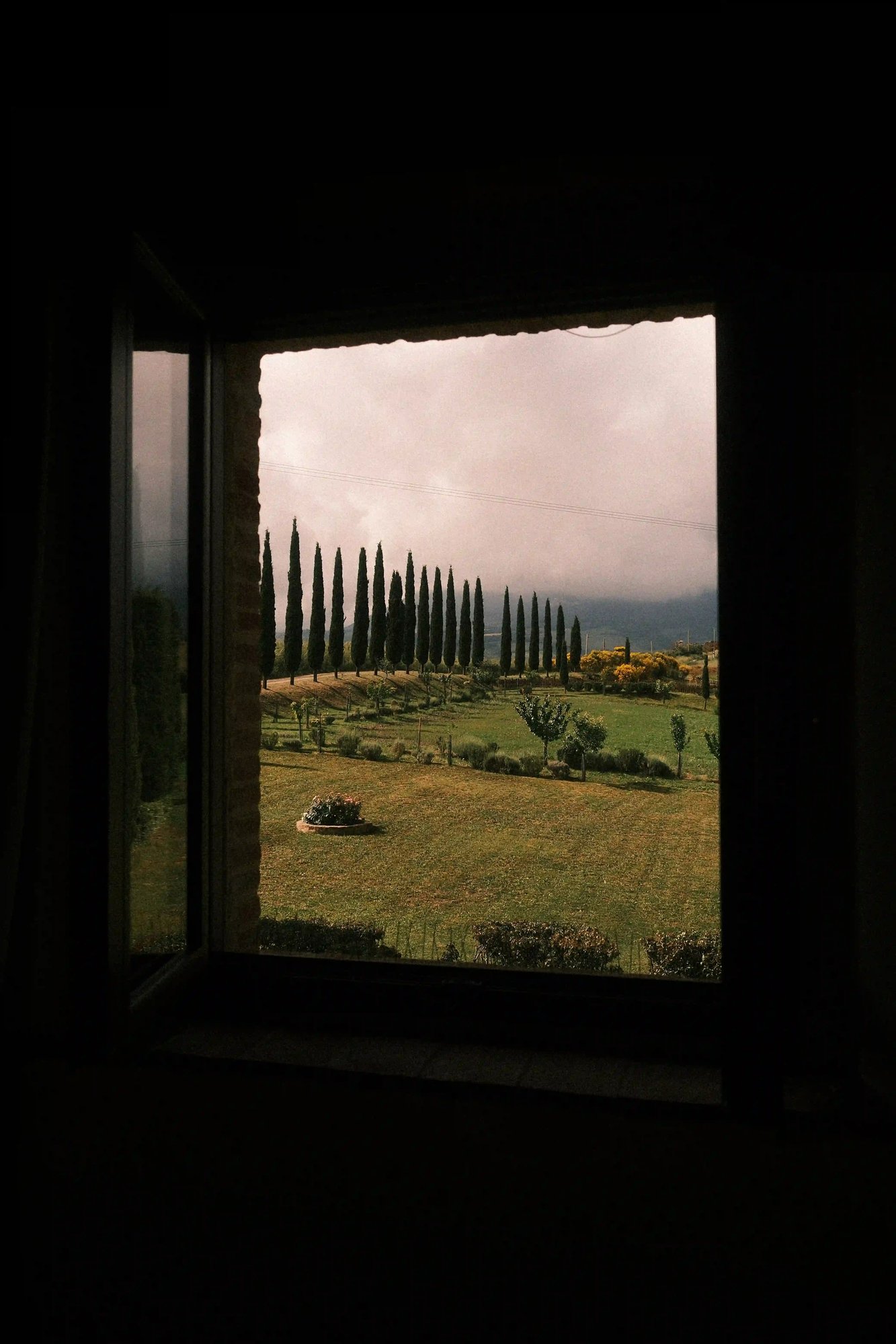 Poplar trees and mountain view seen through a window across a garden, reflecting perspective, stability and long-term wellbeing Poplar trees and mountain view seen through a window across a garden, reflecting perspective, stability and long-term wellbeing