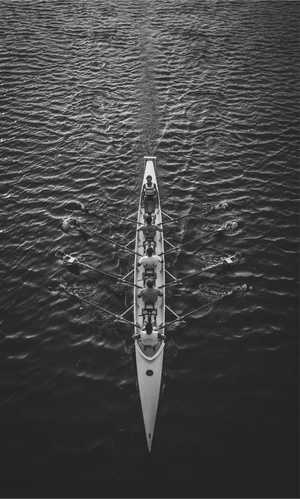 Rowers in a boat pulling together from above, reflecting teamwork, alignment and shared direction