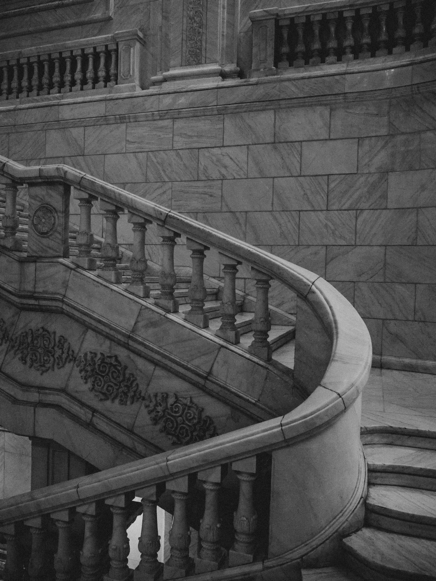 Solid stone staircase in black and white, reflecting structure, perspective and steady progress Solid stone staircase in black and white, reflecting structure, perspective and steady progress