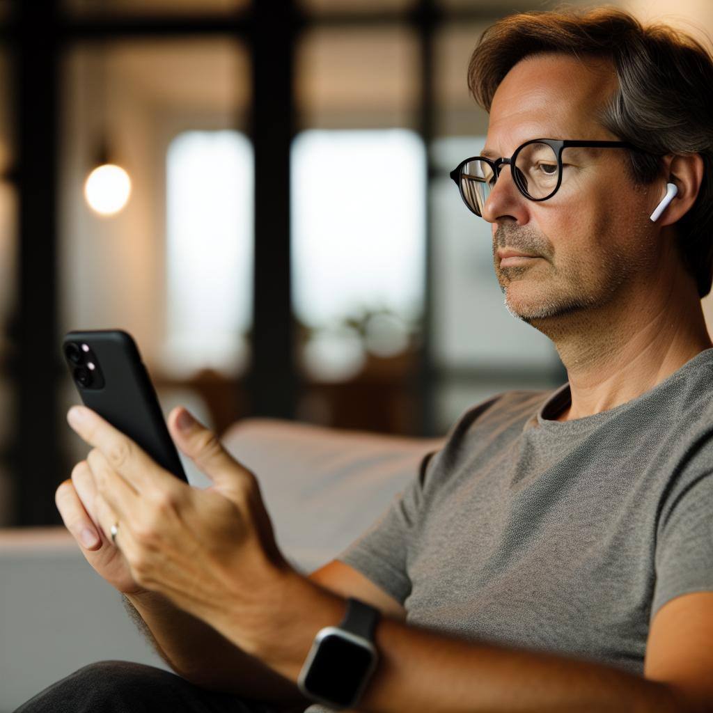 a man in his late 40s listening to a podcast
