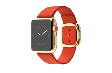 Wrist watch representing tech giant Apple turning gold