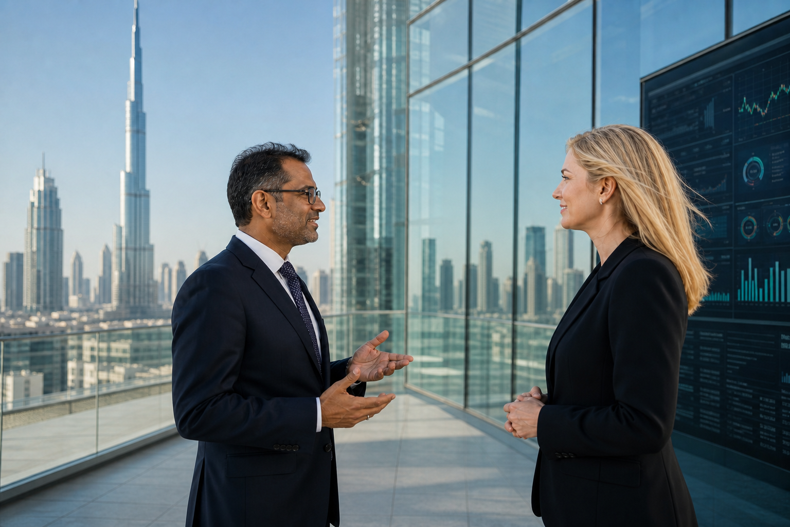 Dubai HighRise Executives in Vibrant Cityscape
