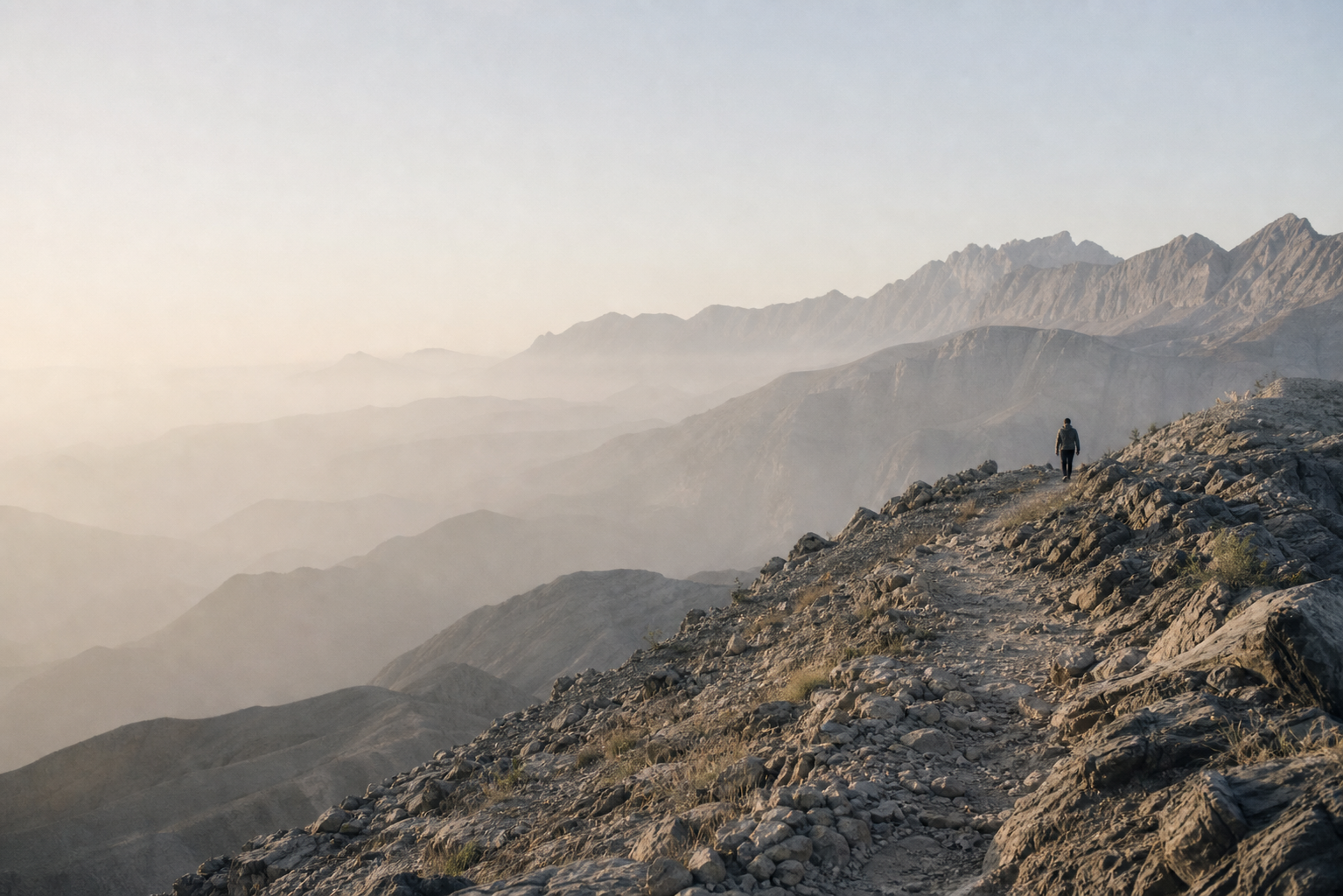 Lone walker on a Hajar Mountains trail at sunrise, representing preventative employee well-being in the UAE